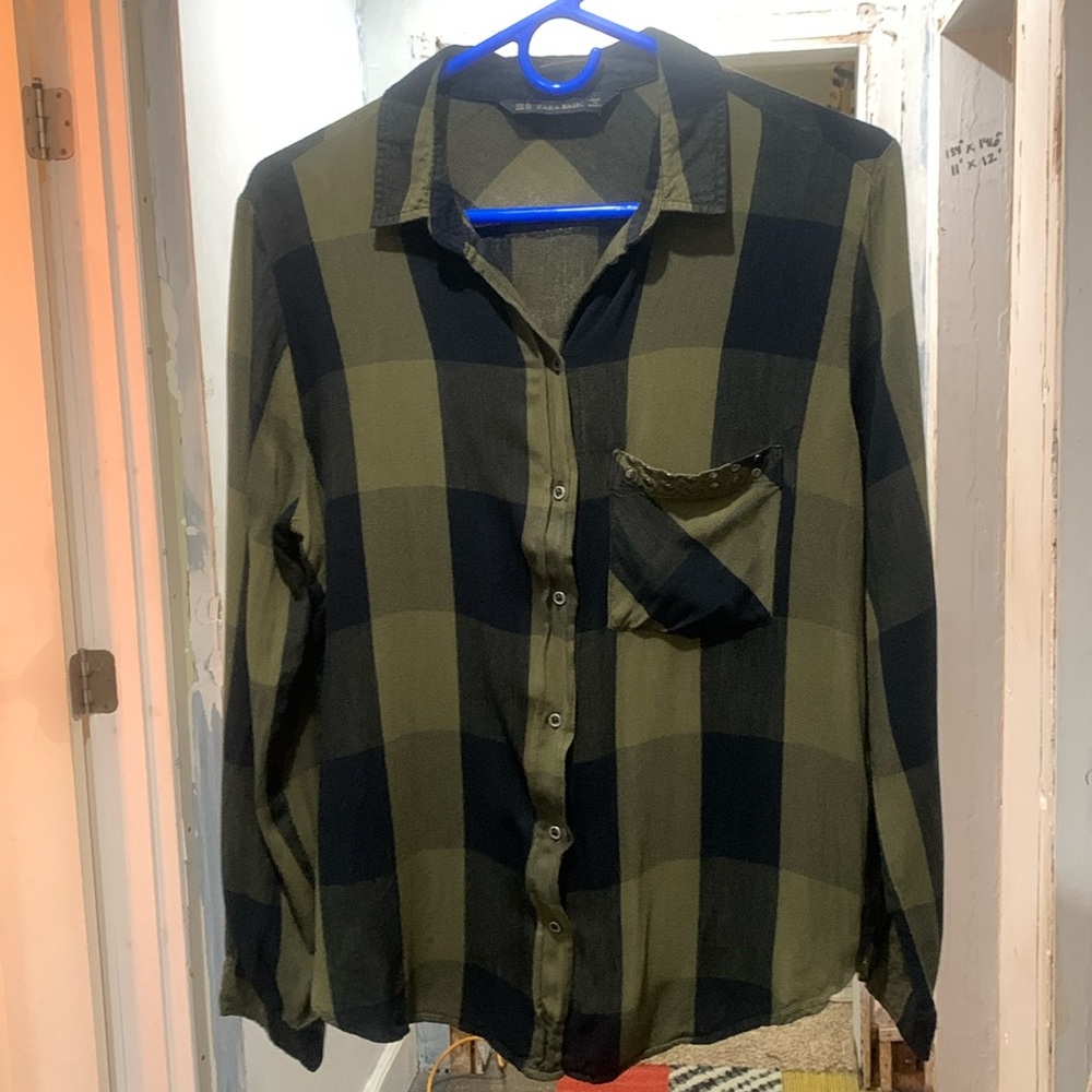 - Zara basic green and black plaid button up top Size XL